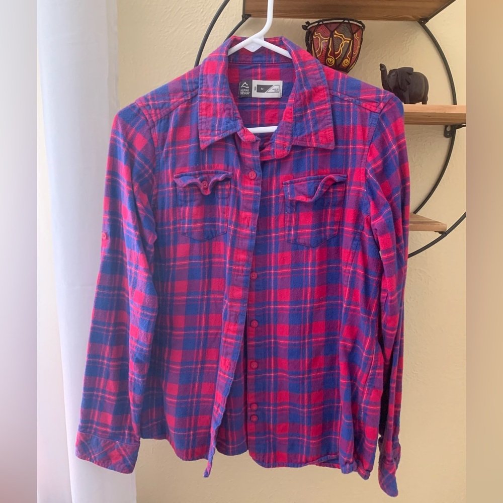 Women’s pink and blue plaid flannel.